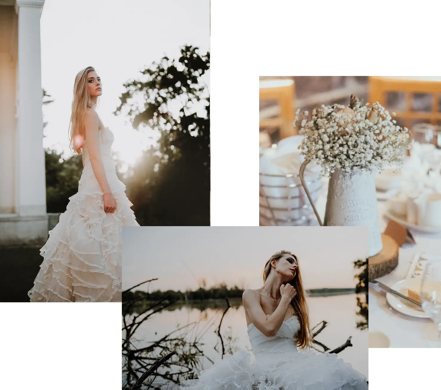 Fotocollage mit drei Beispielbildern: Hochzeitspaar, Porträt und Familienfoto – Übersicht der Fotoangebote und Preise
